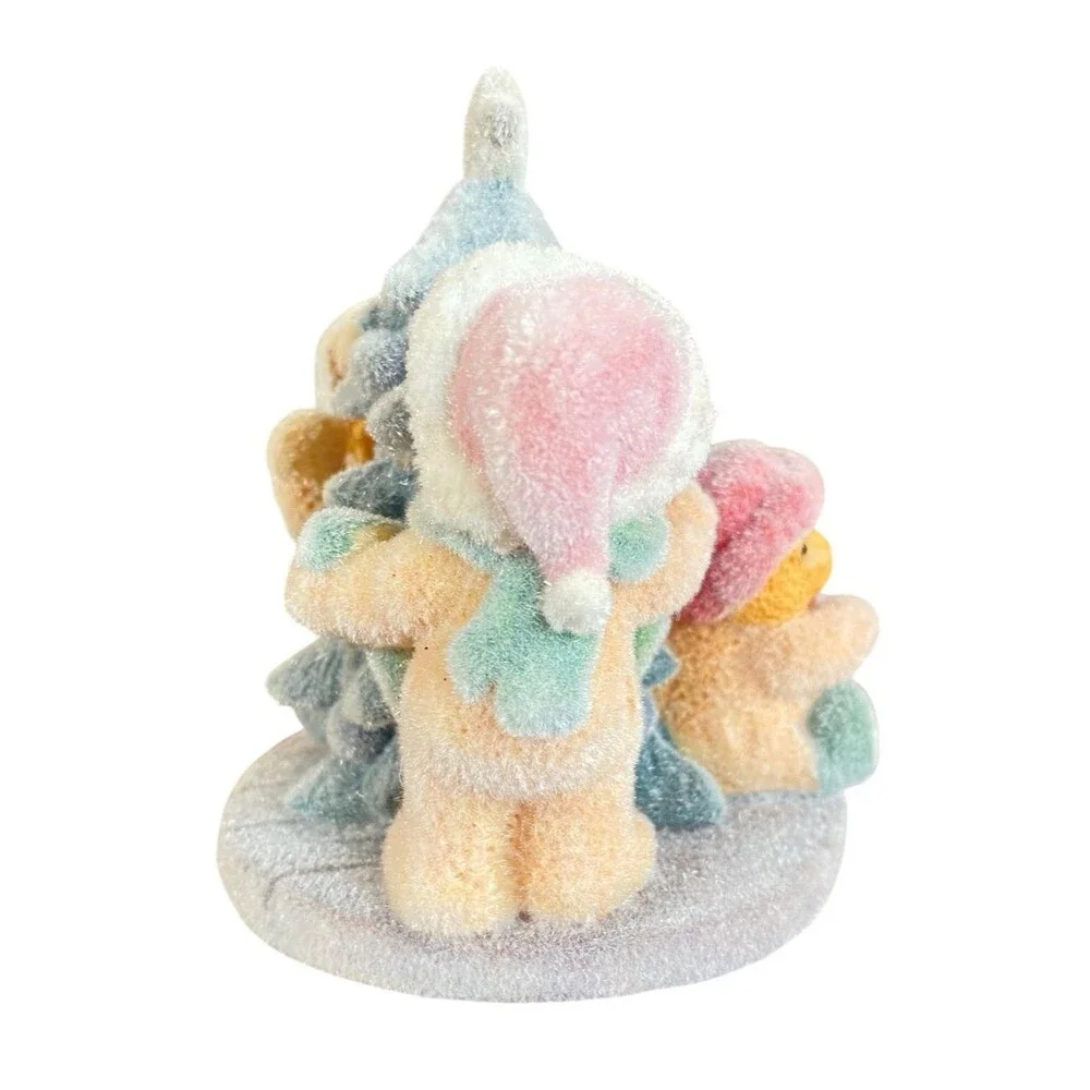 Flocked Vevet Teddy Bears Holiday Figurine Christmas Table Decor Ceramic Pastel